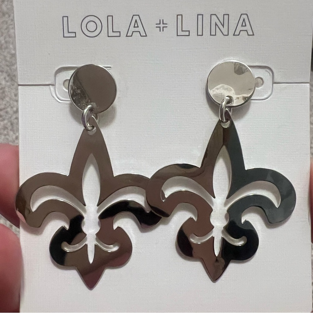 NEW Mardi Gras Lola + Lina fleur de lis earrings silver Saints